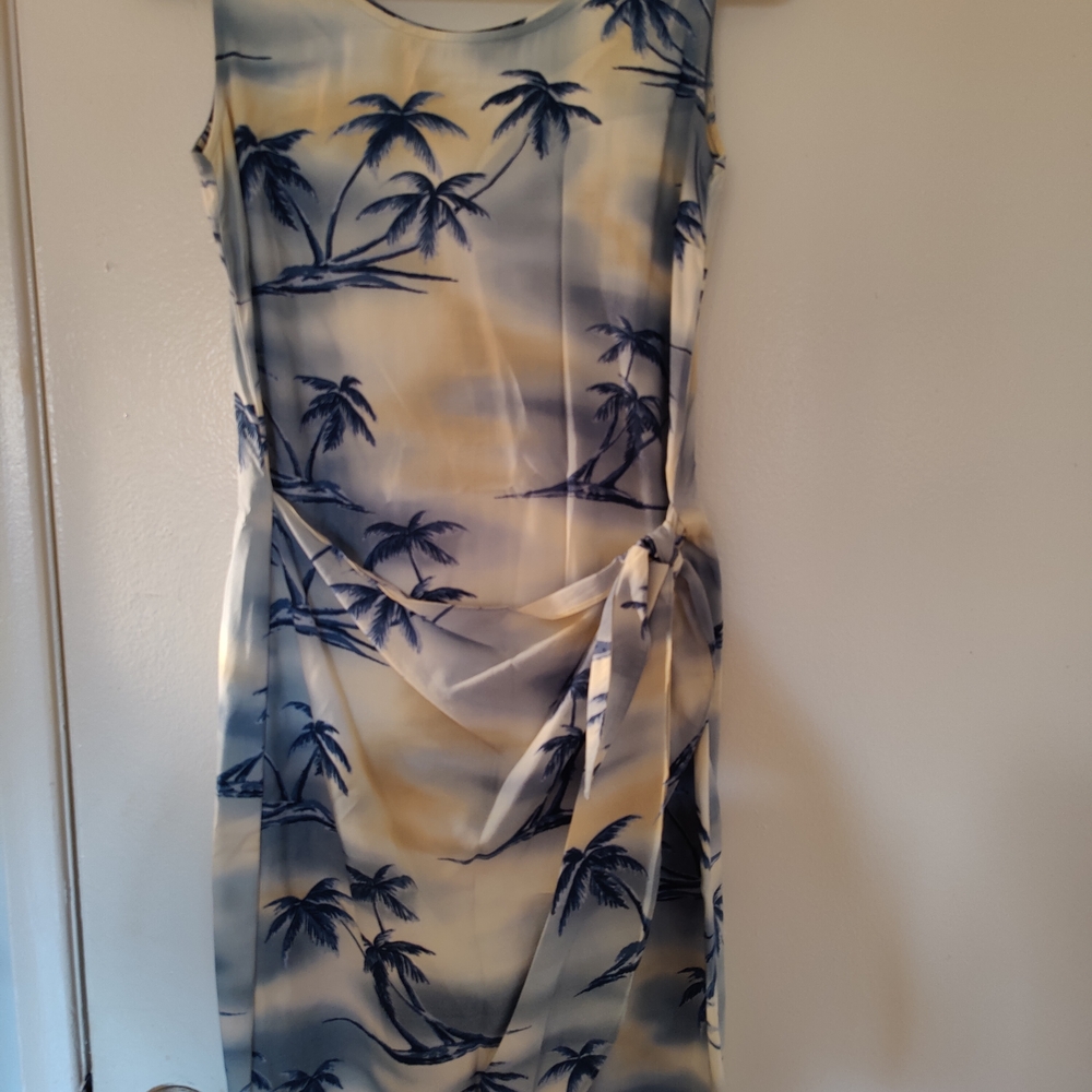 Blue and Cream Palm Print Midi Dress